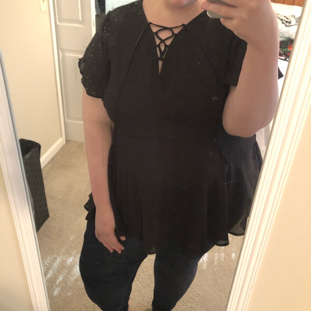 Black Peplum Lace Up Top PLUS